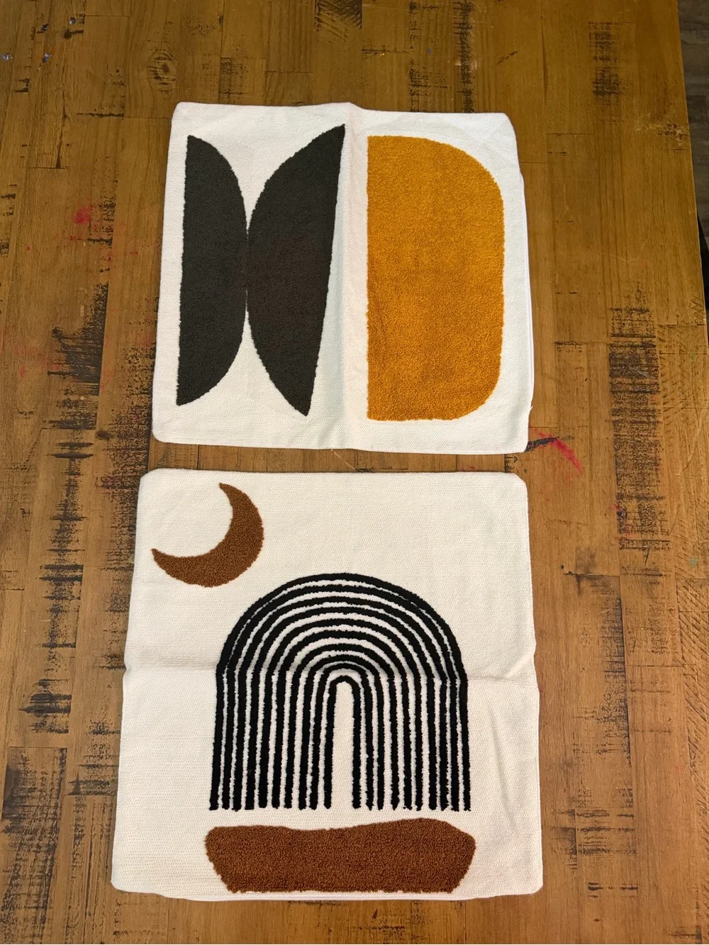 2 White Pillow Covers with Black and Mustard Brown Accent Shapes 18” x 18”